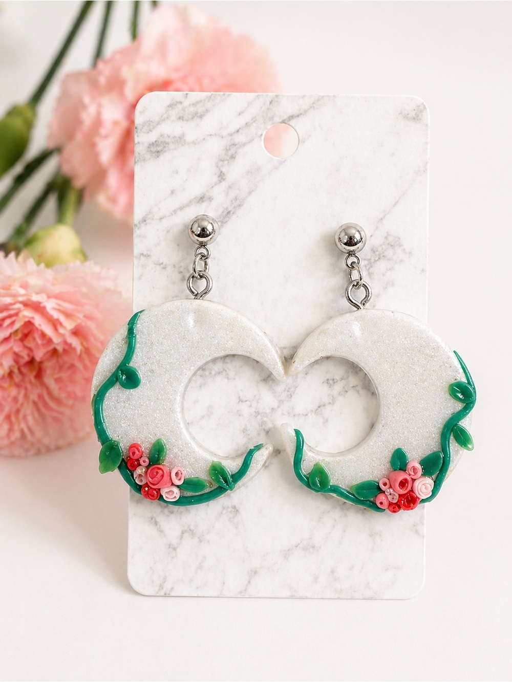 Handcrafted White Glitter Hoop Earrings with Pink Floral Accents Clay Earrings